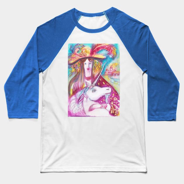 UNICORN  AND LADY WITH PEACOCK FEATHERS Baseball T-Shirt by BulganLumini